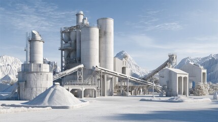 Obraz premium Concrete production plant with conveyor belts, silos, and heavy dust particles