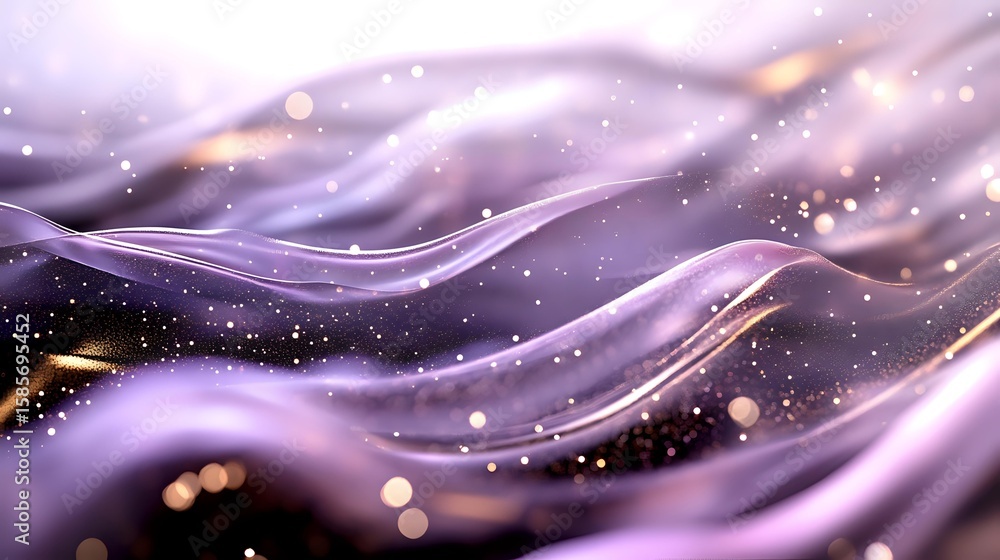 Poster ethereal purple waves with glowing particles and golden bokeh lights flowing in smooth curves agains