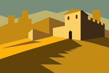 soft shadows across old stone walls in rural 