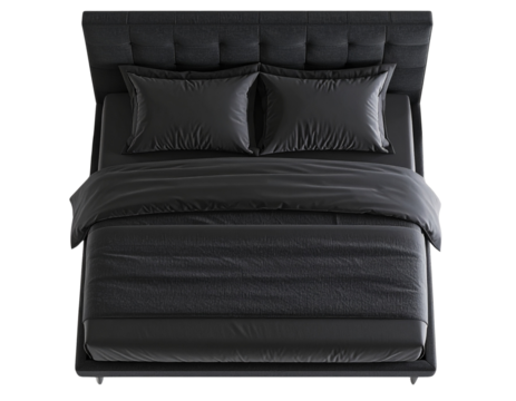  Floating View of Black Fabric Double Bed with No Legs Visible, Top-Down Perspective, Transparent PNG