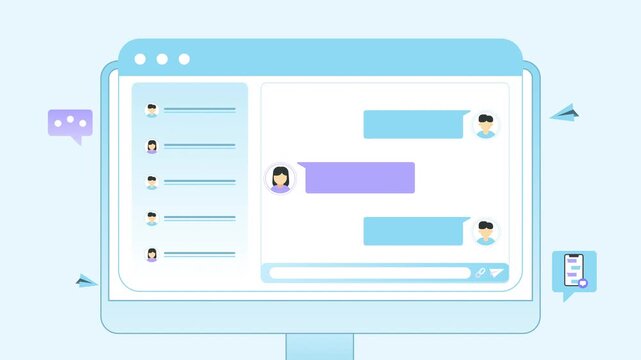 Communication animation online chat application on computer screens. Suitable for technology, communication, and social media concepts.