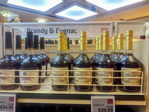 Dover, United Kingdom Hennessy bottles showcased in ferrys alcohol section for travelers