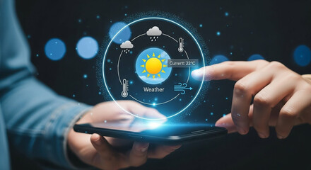 Person using mobile device to check weather forecast with digital interface