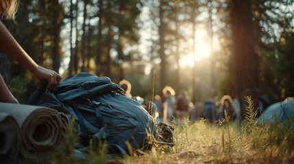 shot of a summer camp in a pine forest. Close up of hands packing things into a backpack. Composition with foreground activity and forest background.