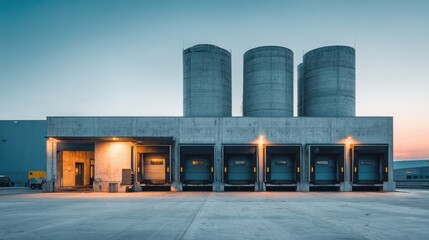 Exterior of modern factory building with large silos and loading docks