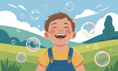 Joyful Cartoon Boy Laughing and Playing with Soap Bubbles in a Sunny Green Landscape, Childhood Happiness Illustration