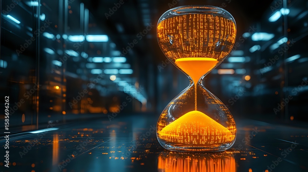 Poster glowing hourglass with digital binary code pattern on dark background, orange light streaming throug
