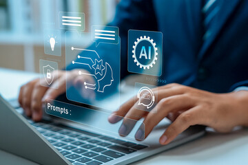 Hands using laptop with artificial intelligence prompts and machine learning icons for business...