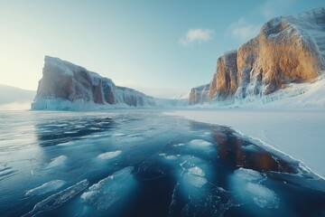Winter landscape of frozen Lake Baikal in Russia with dramatic cliffs and icy surface at sunrise

