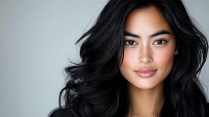 Fototapeta premium Young Asian woman with flowing black hair and natural makeup smiling softly against light gray background, showcasing healthy glowing skin and modern beauty look.