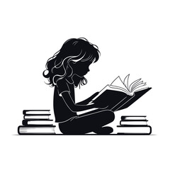 Black and White Vector Illustration of a Child Learning, Focused on a Book While Seated Outdoors