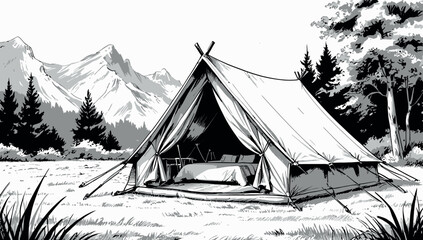 Artistic Drawing Depicting a Comfortable Outdoor Accommodation in a Wilderness Setting with Mountains in the Background