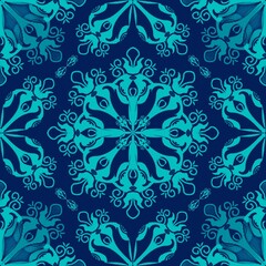 seamless floral pattern,blue curves and color to flower shape,angles and elves,blue background in geometric patterns as sarong,tile,fabric,printed fabric,tablecloth patterns