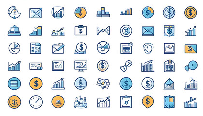 Pixel Art Finance Icons Set: Blue and Yellow Business Graphics