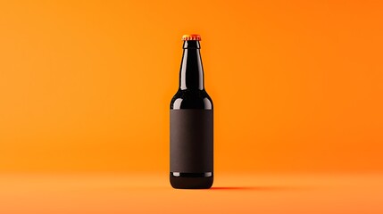 Single dark glass beer bottle with black label on vibrant orange background