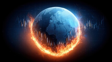 A digital globe surrounded by flames and glowing data bars symbolizes global data analytics and the urgency of technological advancement.