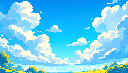 Obraz premium Bright Blue Sky with Puffy White Clouds over a Green Field
