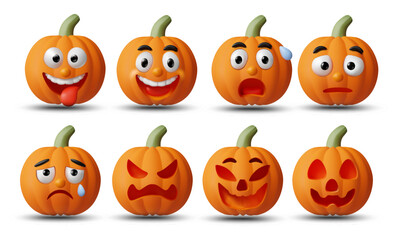3D Vector Render Illustration of 8 Pumpkins Showing Emotions: Happy, Funny, Scared, Confused, Sad, Angry and Halloween Ghost Face Carvings with Realistic Shadows Isolated on White Background.
