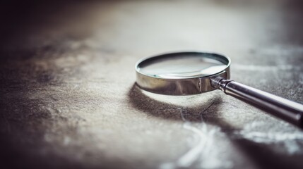 Metallic-framed magnifying glass on a textured neutral surface with clear lens, extended handle, soft lighting, gentle shadow, and blurred background.