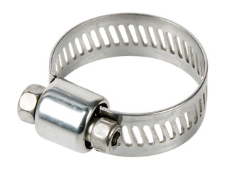 Metal hose clamp with screw adjustment isolated on a transparent background