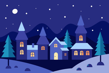 Fototapeta premium winter night in decorated village snowflakes fall.svg