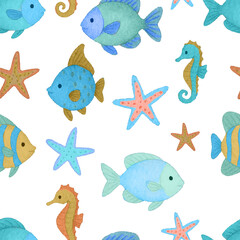 Seamless vector pattern featuring cute tropical fish, seahorses, and starfish in a watercolor cartoon style. Perfect for children s projects, fabrics, summer prints