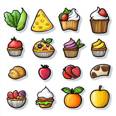 Colorful food sketches include cupcake, fruit, cheese, bread, and dessert on white background
