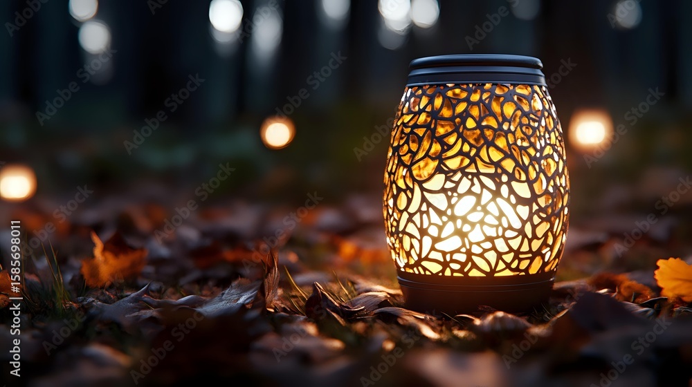 Poster Glowing mason jar lantern with intricate pattern casting warm light on autumn leaves at dusk, creating magical ambiance in forest setting.