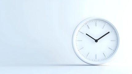 Minimalist white wall clock showing ten past ten against light background with copy space, modern interior design element for office and home decor.
