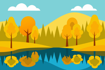 yellow treetops and hillside forest reflected 