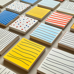 Colorful sticky notes with hand drawn lines and dots, arranged in neat, organized pattern