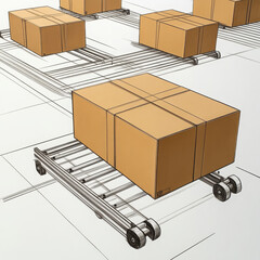 Conveyor roller box package warehouse industrial transport sketch detailed hand drawn