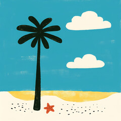 Cartoon beach palm tree cloud sand starfish blue sky summer holiday tropical cute doodle drawing