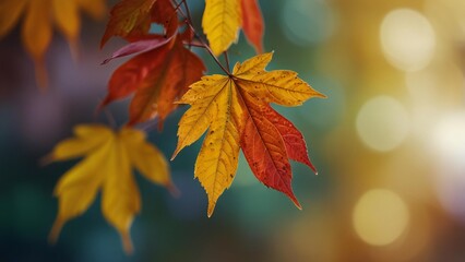 Fototapeta premium Vibrant autumn maple leaves transition from yellow to red with soft bokeh background