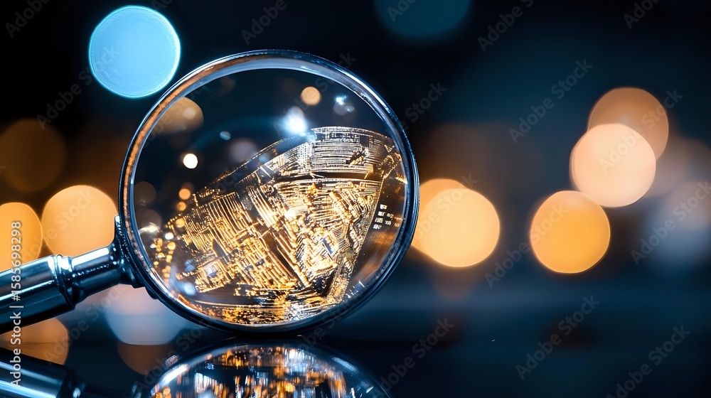 Poster magnifying glass reflecting illuminated cityscape with bokeh lights creating magical urban view agai