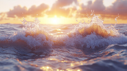 Golden sunrise ocean waves splashing