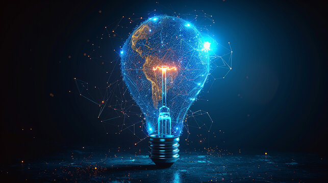 Glowing lightbulb with world map on dark background - Powered by Adobe