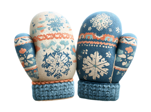 Cozy winter mittens pair knitted snowflake pattern warm, Isolated On White, Transparent Background, Png
