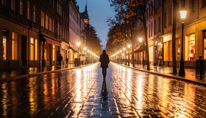 A solitary figure walks down a city street at night