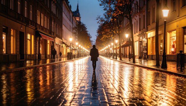 A solitary figure walks down a city street at night