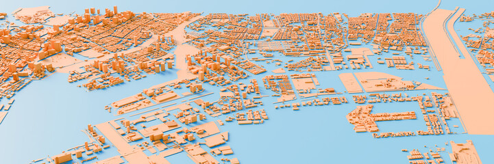 3D render color map of Tokyo cityscape. 3D illustration of an aerial view of Tokyo, Japan.