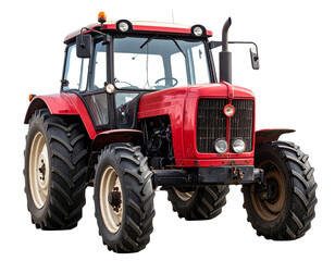 Obraz premium Front-Angled View of Old Red Tractor with Weathered Paint and Headlights, Transparent PNG