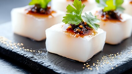 White cubed scallops topped with spicy sauce and fresh cilantro garnish served on black slate plate, close up view of gourmet Asian fusion appetizer.