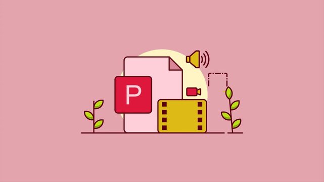 A creative animated PowerPoint file video featuring a PowerPoint worksheet, movie icons, audio, and video icons, perfect for modern presentation