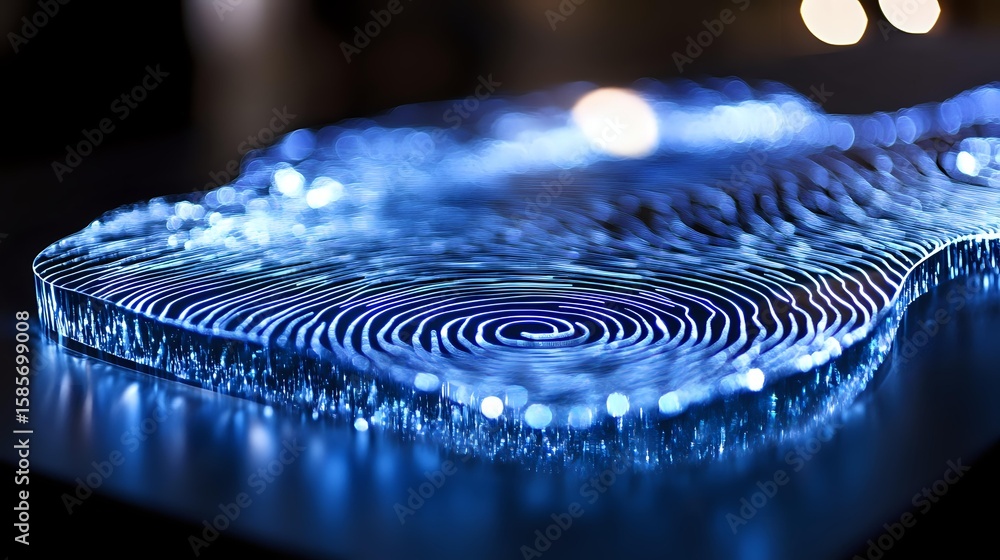 Poster glowing blue fingerprint pattern with bokeh light effects on dark background creates futuristic secu