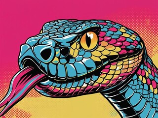Vibrant Pop Art Snake Head with Forked Tongue and Detailed Scales