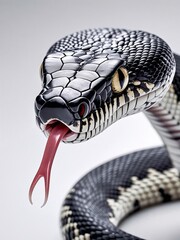 Striking Close-Up of a Black and White Snake's Head with Forked Tongue and Detailed Scales on a White Background
