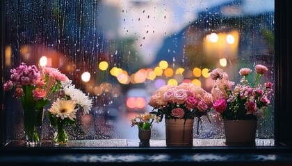 rainy day reveals a florist window with blurred raindrops and softly glowing flowers creating a tender mood