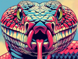 Vibrant Pop Art Snake Head with Forked Tongue and Detailed Scales