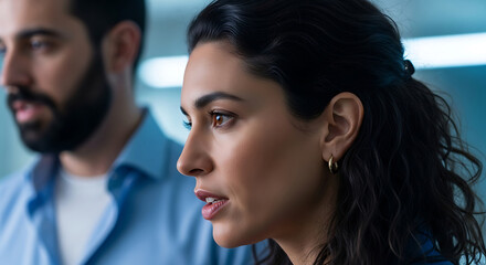 Naklejka premium Woman with dark curly hair and gold hoop earrings looks intently to the side a man in a blue shirt is blurred in the background